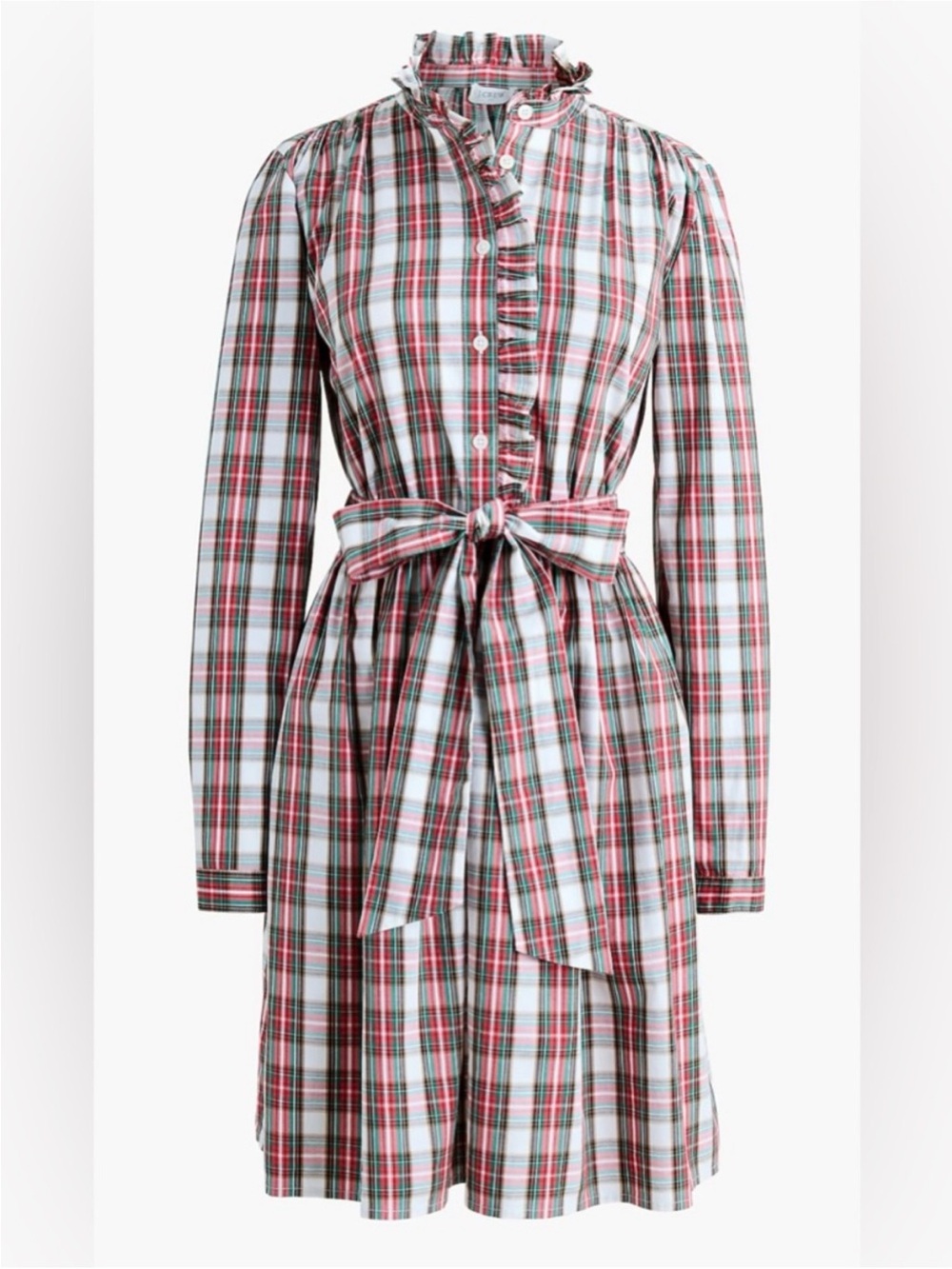 J. Crew Tartan Plaid  Ruffle-Neck Tie-Waist Shirt Dress Sz 12